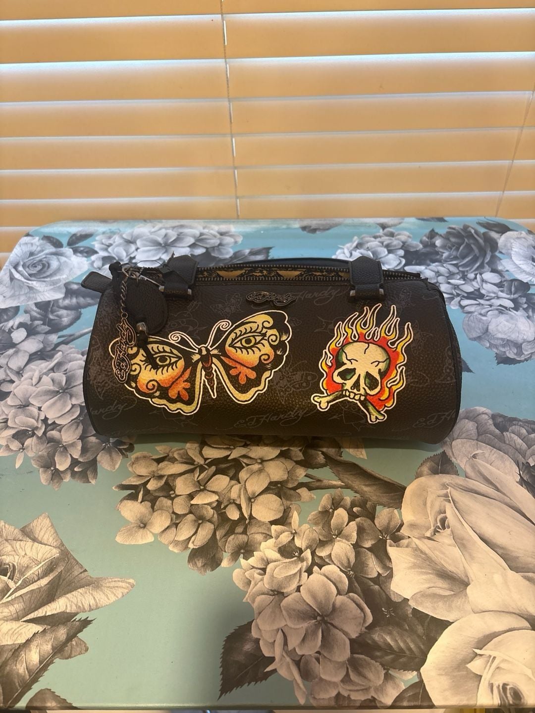 New Ed Hardy Butterfly Skull Tattoo Print Barrel Bag Shoulder Purse